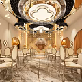 Elegant Luxury Banquet Hall Interior With Decorative Ceiling And Round Tables