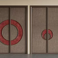 Double Doors Interior Design With Brown Frames Linen Textured Panels And Red Circular Decorations