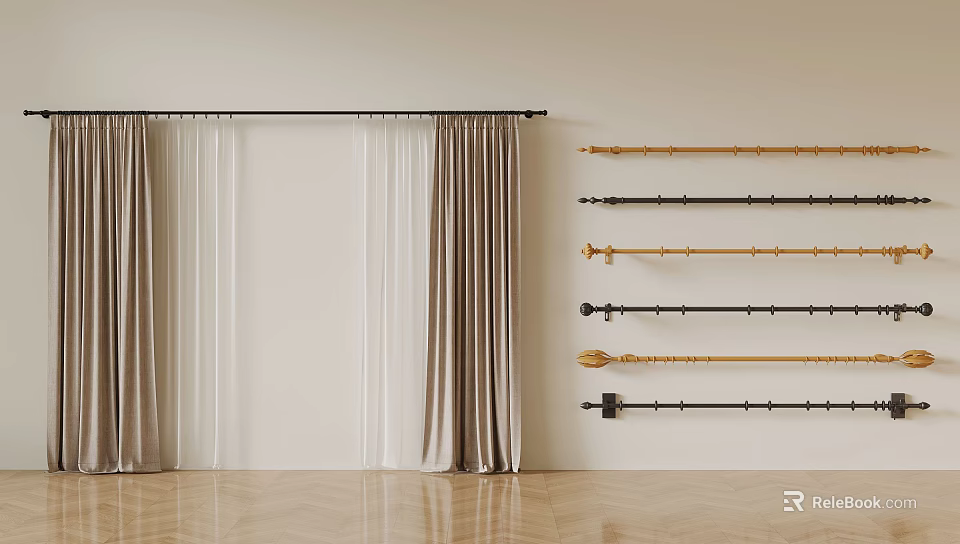 Elegant Beige Curtains With Sheer Panels And Various Curtain Rods In Modern Interior 3d model 