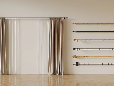 Elegant Beige Curtains With Sheer Panels And Various Curtain Rods In Modern Interior 3d model