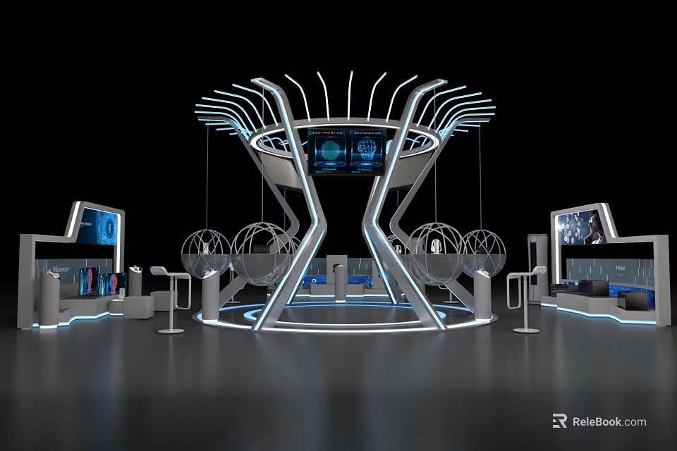 Interactive Futuristic Exhibition Booth With LED Screens Suspended Spherical Installations And Blue Lighting 3d model 