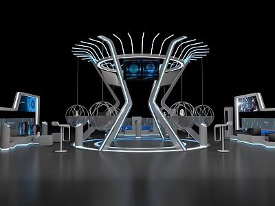 Interactive Futuristic Exhibition Booth With LED Screens Suspended Spherical Installations And Blue Lighting 3d model