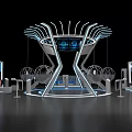 Interactive Futuristic Exhibition Booth With LED Screens Suspended Spherical Installations And Blue Lighting
