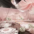 Elegant Pink Ceiling Drapery In Wedding Banquet Hall With Floral Decor Chandeliers And Tables