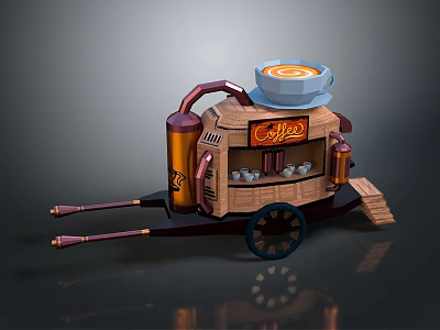 Vintage Coffee Cart Design With Coffee Cup Sign Wheel And Pipes 3d model