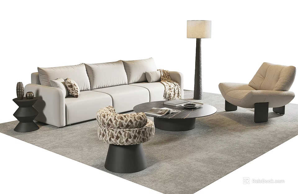 Modern Light Luxury Upholstered Sofa And Round Coffee Table Combination For Elegant Comfortable Living Space 3d model 
