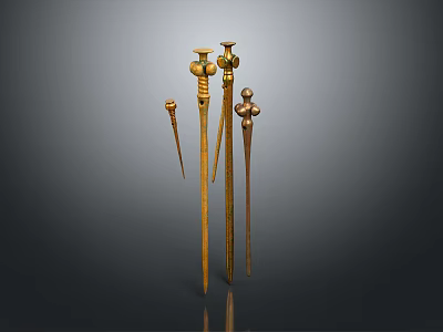 Ancient Golden Metal Weapons Collection Featuring Various Lengths And Decorative Tops 3d model