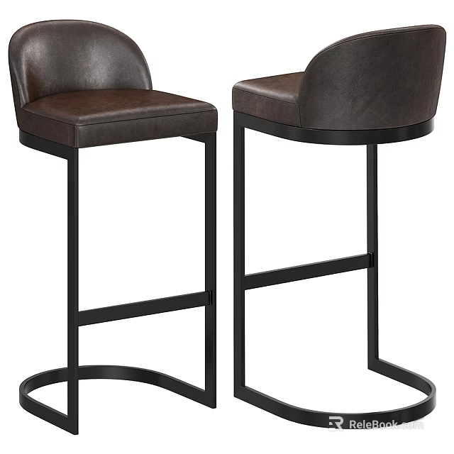 Modern Brown Leather Bar Stools With Black Metal Frame And Backrest 3d model