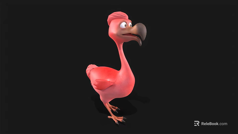 Pink Flamingo Cartoon Character With Big Eyes And Black Beak On Black Background 3d model 