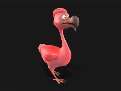 Pink Flamingo Cartoon Character With Big Eyes And Black Beak On Black Background 3d model