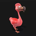 Pink Flamingo Cartoon Character With Big Eyes And Black Beak On Black Background