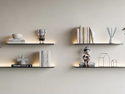 Modern Wall Mounted Floating Shelves With Books Decorative Figurines And Soft Lighting 3d model