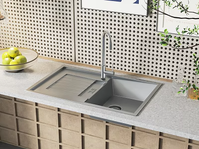 Modern Kitchen Sink With Faucet On Granite Countertop Near Fruit Bowl And Perforated Wall 3d model