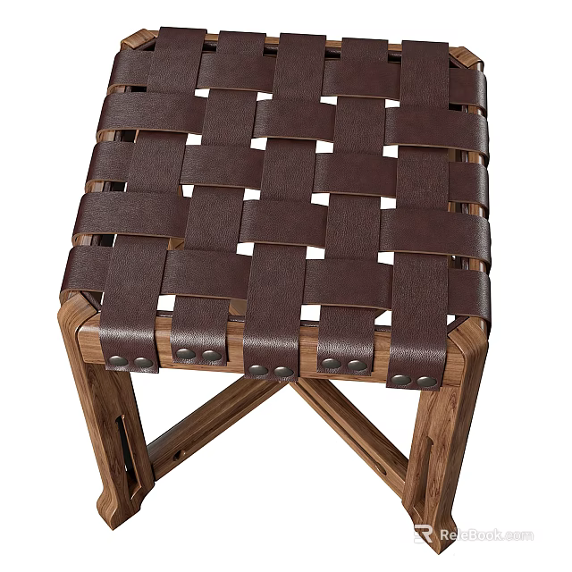 Wooden Stool With Brown Woven Leather And X Frame 3d model 