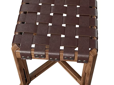 Wooden Stool With Brown Woven Leather And X Frame 3d model