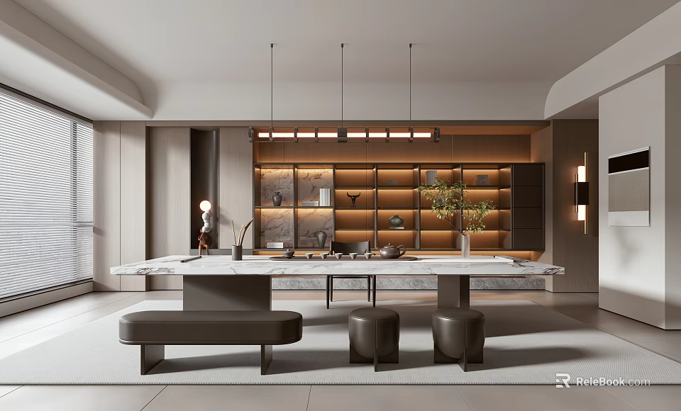 Modern Minimalist Tea Room with Long Table Wooden Shelves and Tea Sets 3d model 