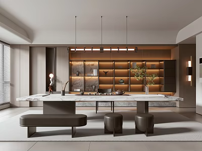 Modern Minimalist Tea Room with Long Table Wooden Shelves and Tea Sets 3d model