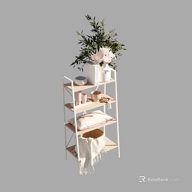 Stylish Multi tiered Shelf With Green Plant Pink Flowers White Vase Bowl Mugs And Wicker Basket 3d model 