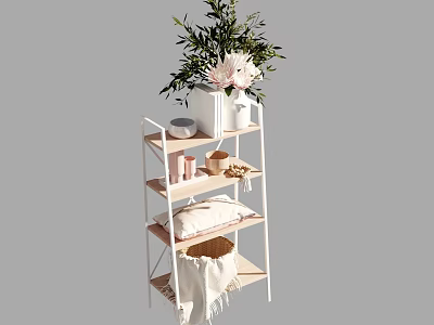 Stylish Multi tiered Shelf With Green Plant Pink Flowers White Vase Bowl Mugs And Wicker Basket 3d model