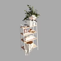 Stylish Multi tiered Shelf With Green Plant Pink Flowers White Vase Bowl Mugs And Wicker Basket