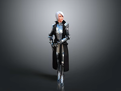 Game Movie Character With White Short Hair In Silver Black Armor Standing On Gray Background 3d model