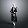 Game Movie Character With White Short Hair In Silver Black Armor Standing On Gray Background