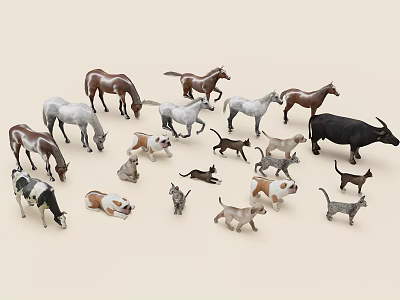 Collection of Toy Reptiles and Mammal Figurines with Horses Dogs and Cats 3d model