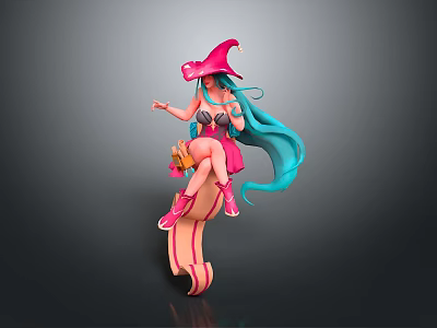 3D Character Figure With Pink Witch Hat Blue Long Hair Yellow Pumpkin And Pink Base 3d model