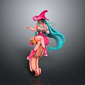 3D Character Figure With Pink Witch Hat Blue Long Hair Yellow Pumpkin And Pink Base