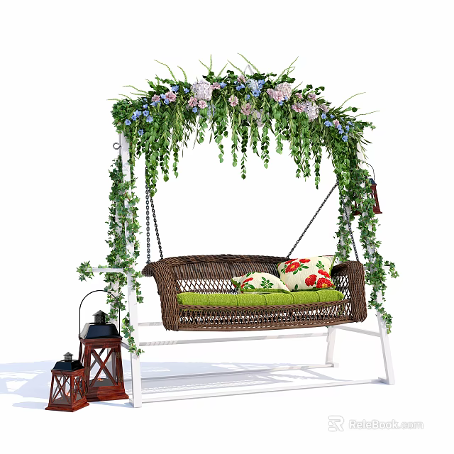 Cozy Rattan Swing Chair With Green Vines Flowers Colorful Cushions And Lanterns 3d model 