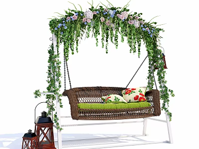 Cozy Rattan Swing Chair With Green Vines Flowers Colorful Cushions And Lanterns 3d model