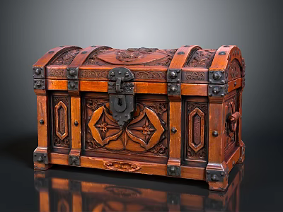 Antique Ornate Wooden Chest With Carved Decorations Metal Clasps And Lock 3d model