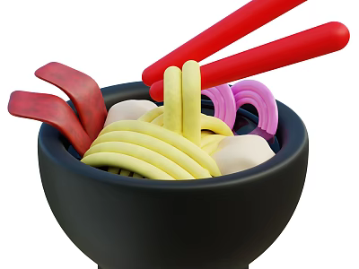 Yellow Noodles in Black Bowl with Red Meat Slices Pink Rings White Chunks and Chopsticks 3d model