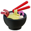 Yellow Noodles in Black Bowl with Red Meat Slices Pink Rings White Chunks and Chopsticks
