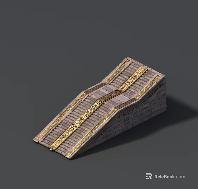 Staircase With Gray Material And Golden Decorative Strips Symmetrical Design Elements 3d model