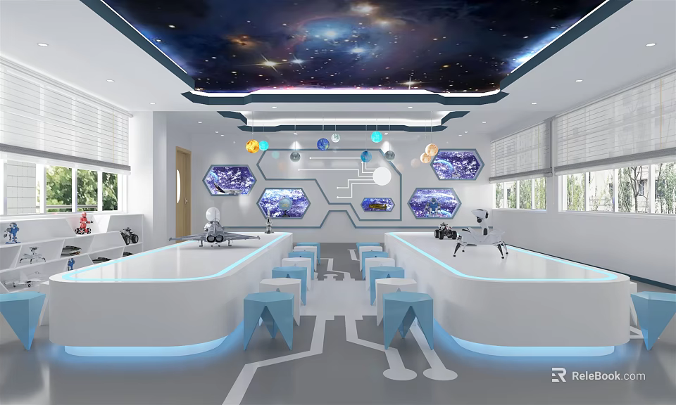 School Science Lab Featuring Starry Sky Ceiling Hexagonal Screens Lab Tables And Blue Chairs 3d model 