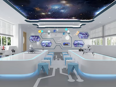 School Science Lab Featuring Starry Sky Ceiling Hexagonal Screens Lab Tables And Blue Chairs 3d model