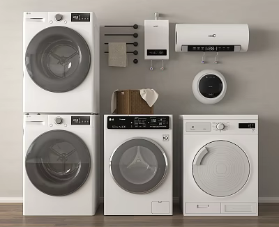 Modern Washing Machines Featuring Various Designs and Wall Mounted Appliance Accessories 3d model