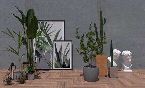 Modern Potted Plants Metallic Potted Plants Hanging Painting Cactus Gypsum Combination 3d model