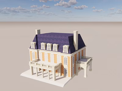 Two Story Detached Villa With Yellow White Exterior Purple Roof And Columned Porch 3d model