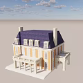 Two Story Detached Villa With Yellow White Exterior Purple Roof And Columned Porch