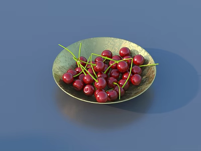 Fresh Red Cherries with Green Stems in Green Bowl on Dark Surface 3d model