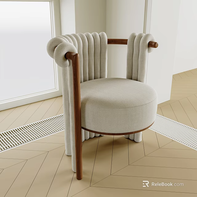Elegant Modern Single Chair With Pleated Backrest Wooden Armrests And Light Gray Upholstery 3d model 