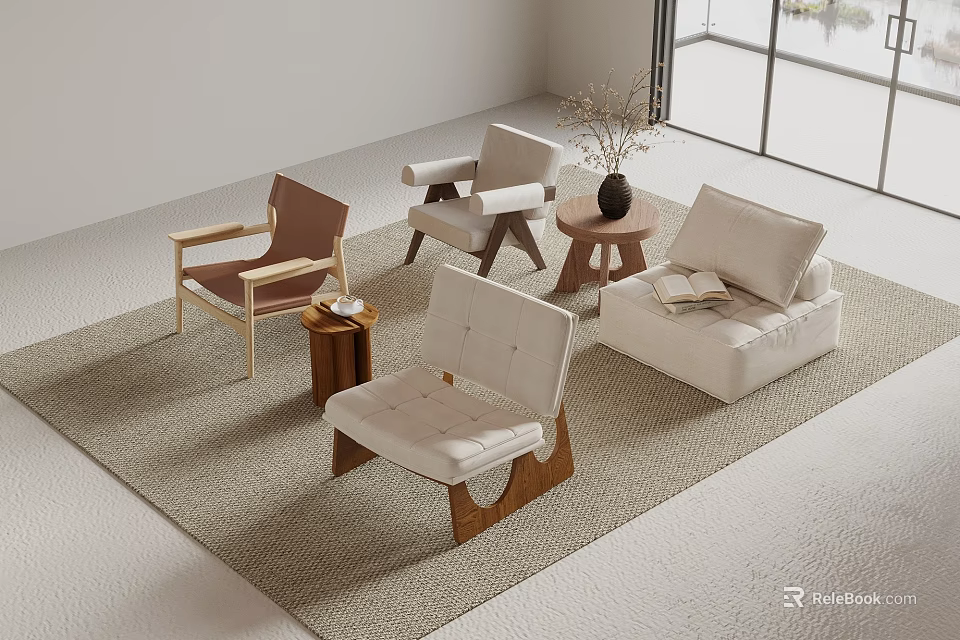 Modern Leisure Chairs With Upholstered Seats Wooden Legs In Minimalist Living Room 3d model 