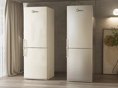 Midea Double Door Standing Refrigerators In White And Silver Modern Interior 3d model