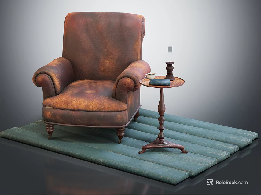 Vintage Leather Armchair On Green Wooden Mat With Side Table Candle Holder And Book 3d model 