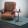 Vintage Leather Armchair On Green Wooden Mat With Side Table Candle Holder And Book