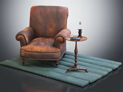 Vintage Leather Armchair On Green Wooden Mat With Side Table Candle Holder And Book 3d model