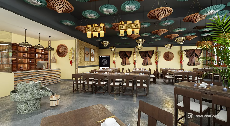 Traditional Restaurant Interior Design With Woven Bamboo Lamps Wooden Tables and Yellow Walls 3d model 