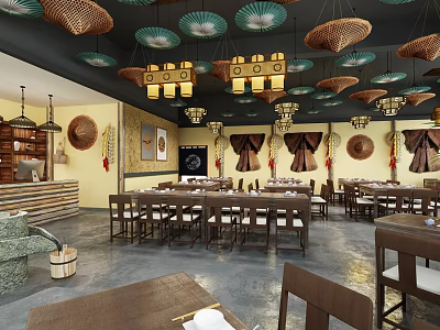 Traditional Restaurant Interior Design With Woven Bamboo Lamps Wooden Tables and Yellow Walls 3d model